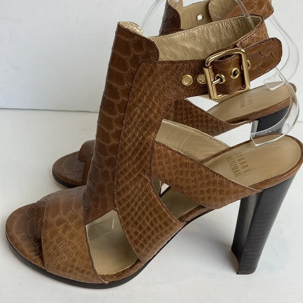 Stuart Weitzman Chunky High Heel Shoes in Toffee Camel Brown Sz 8.5 Maximalist